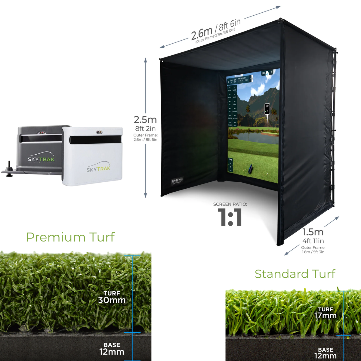 SKYTRAK+ Launch Monitor + Shield + SIMSPACE PROFESSIONAL GOLF ENCLOSURE +SIMSPACE PREMIUM ENCLOSURE HITTING MAT Sim 001
