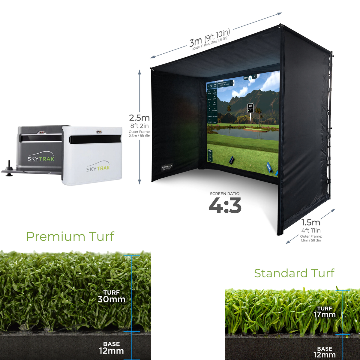 SKYTRAK+ Launch Monitor + Shield + SIMSPACE PROFESSIONAL GOLF ENCLOSURE +SIMSPACE PREMIUM ENCLOSURE HITTING MAT Sim 002