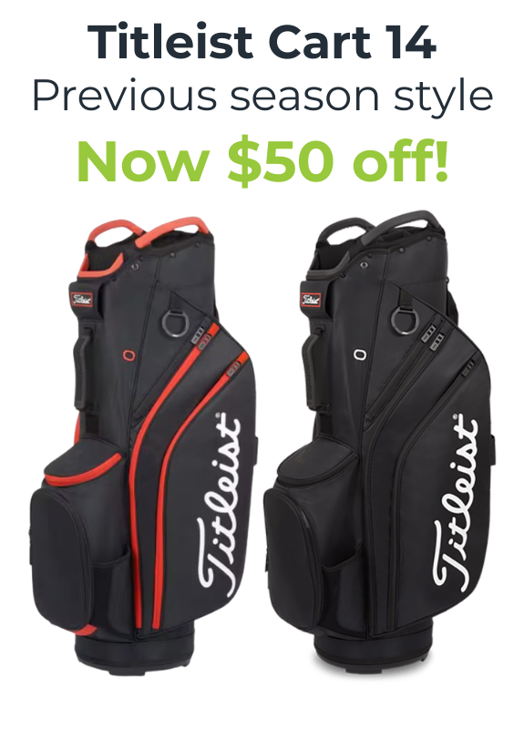 Two Titleist golf bags on a white background with promotional text.