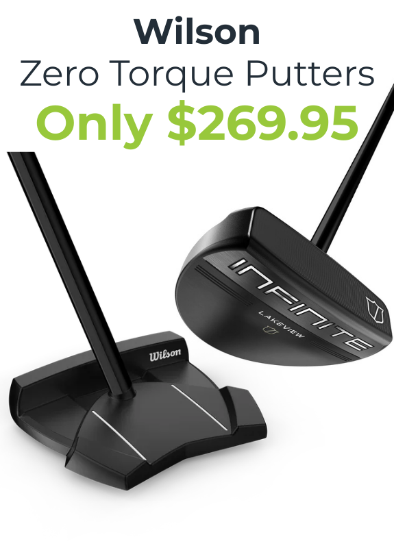 Two Wilson Zero Torque Putters on a white background with promotional text.