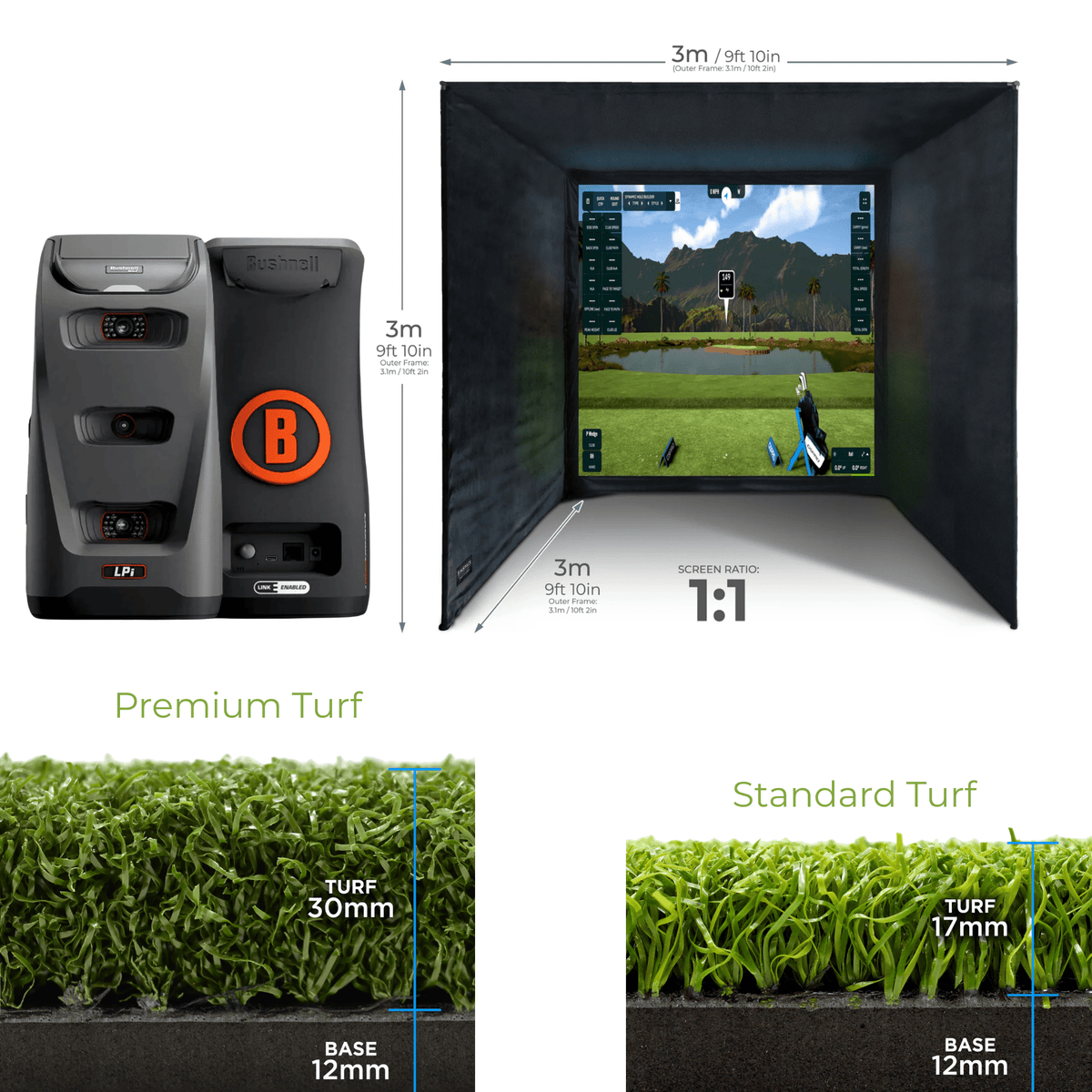 Bushnell Launch Pro Indoor Monitor +SIMSPACE PROFESSIONAL GOLF ENCLOSURE +SIMSPACE PREMIUM ENCLOSURE HITTING MAT 005 - 3m H x 3m W x 3m D