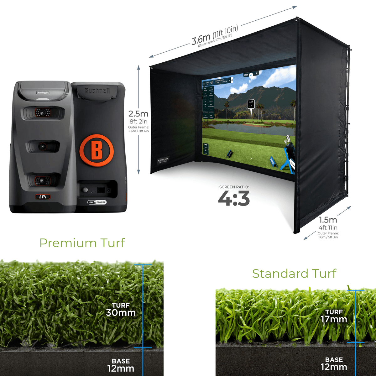 Bushnell Launch Pro Indoor Monitor +SIMSPACE PROFESSIONAL GOLF ENCLOSURE +SIMSPACE PREMIUM ENCLOSURE HITTING MAT 003 - 2.5m H x 3.6m W x 1.5m D