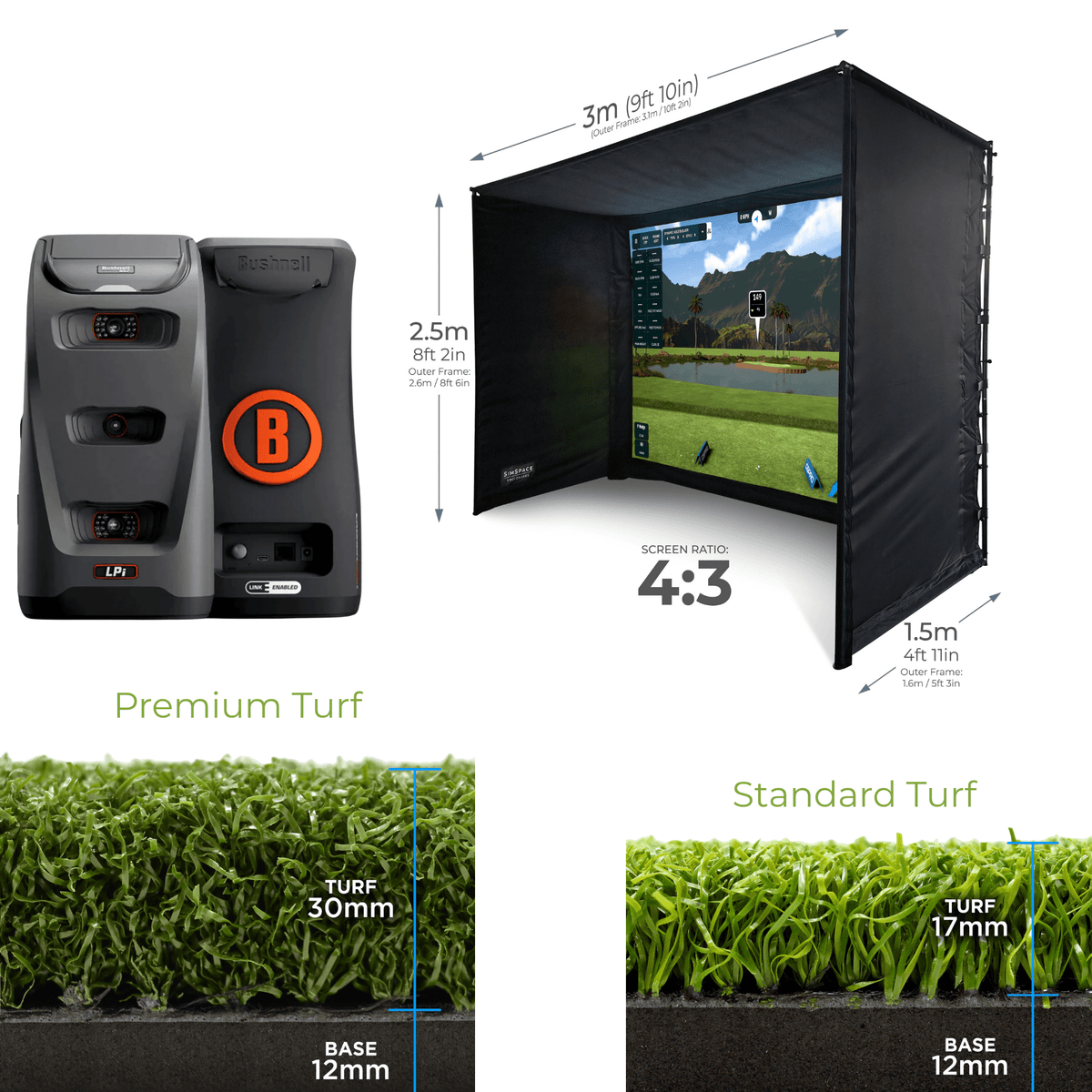 Bushnell Launch Pro Indoor Monitor +SIMSPACE PROFESSIONAL GOLF ENCLOSURE +SIMSPACE PREMIUM ENCLOSURE HITTING MAT 002 - 2.5m H x 3m W x 1.5m D