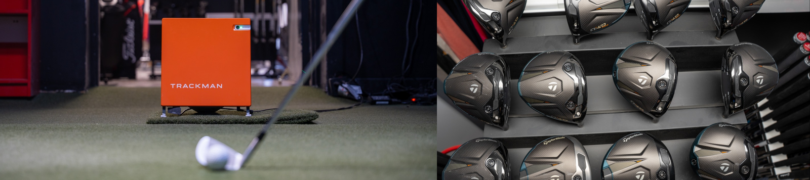 Golf club with a Trackman simulator in a golf shop and golf club heads on a stand.