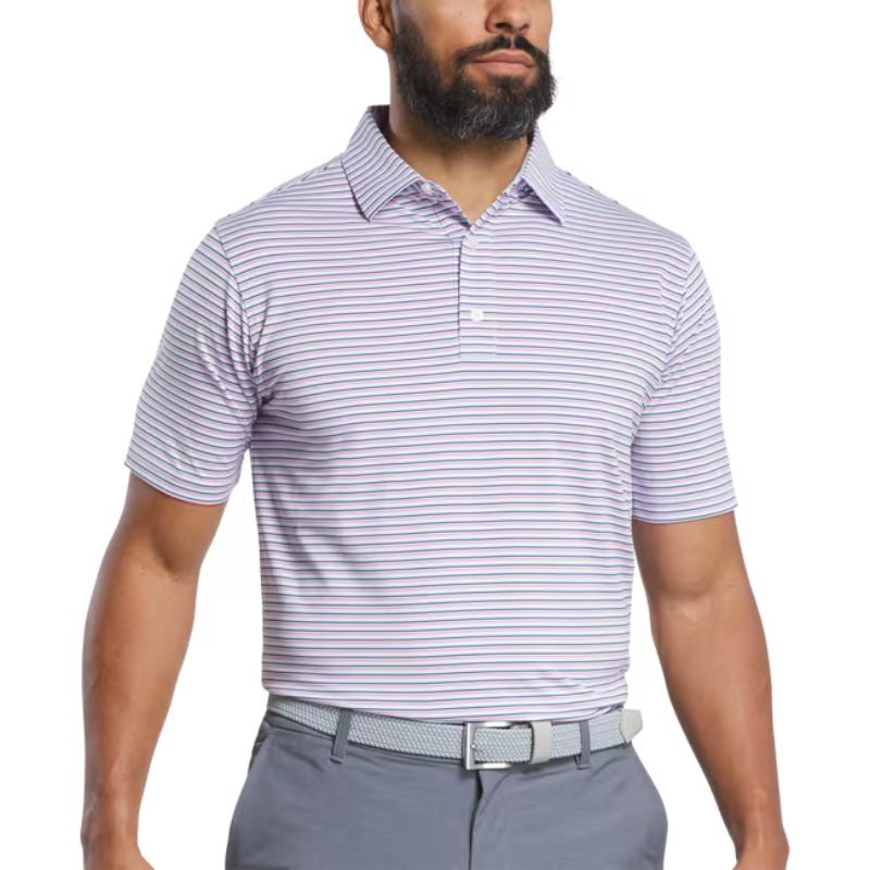 FootJoy Balance Stripe Lisle Polo - Previous Season Style Skyway White Dark Denim Pink Lemonade