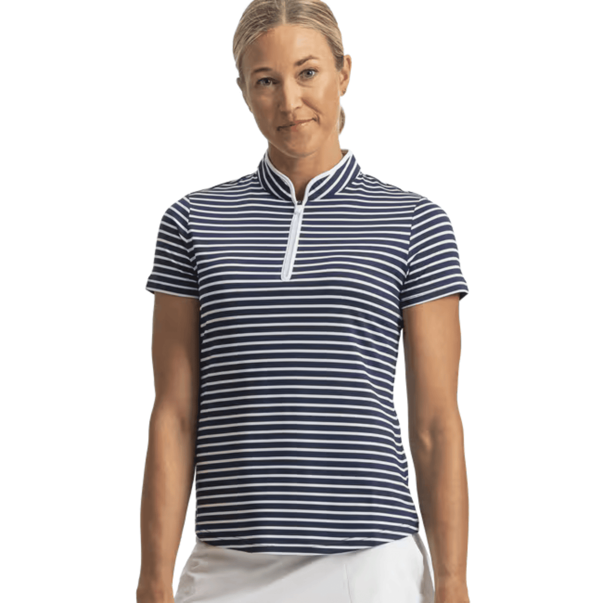 FootJoy Women's Zip Front Stripe Tank Polo Navy White