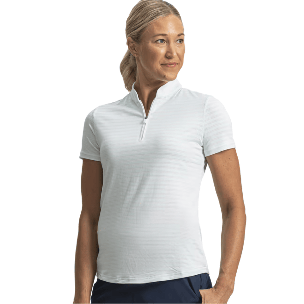 FootJoy Women's Zip Front Stripe Tank Polo Glacial Blue White