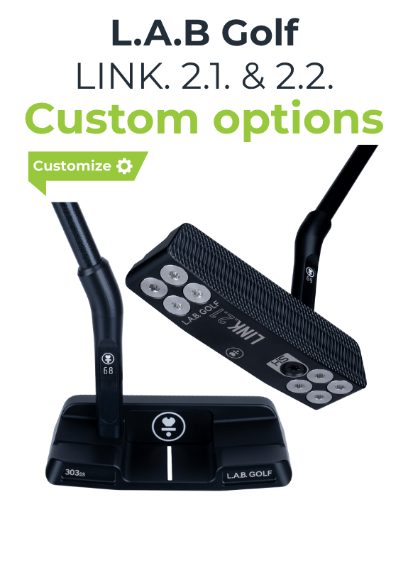 L.A.B Golf LINK 2.1 & 2.2 putters with customizable options on a white background