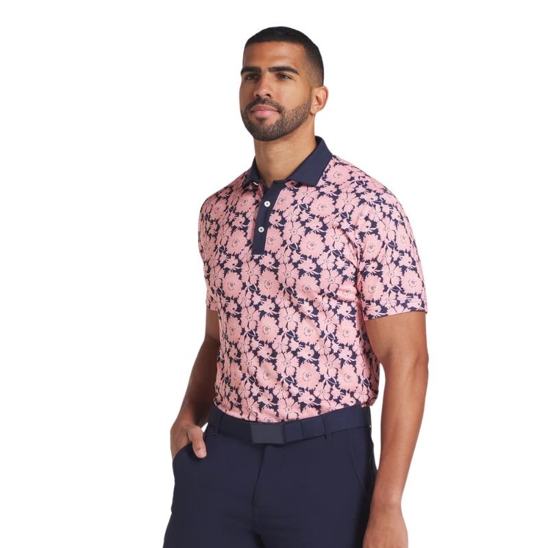 PUMA Pique Flowers Field Golf Polo Pink Fruit Deep Navy
