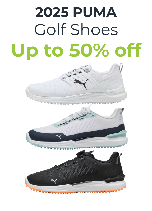 Promotional image of 2025 Puma golf shoes with text indicating up to 50% off on a white background.