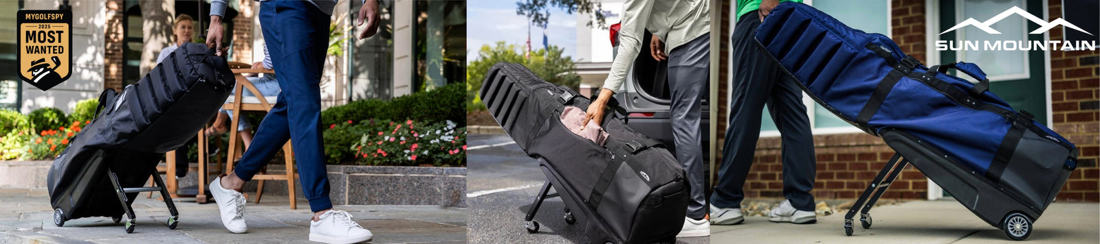 Two images of a person pushing a black and blue golf bag with wheels. The first image shows a person walking outdoors, and the second image shows a person standing next to the golf bag.