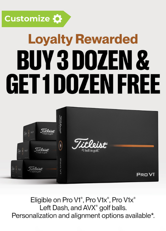 Promotional advertisement for Titleist golf balls with a buy 3 dozen get 1 dozen free offer.