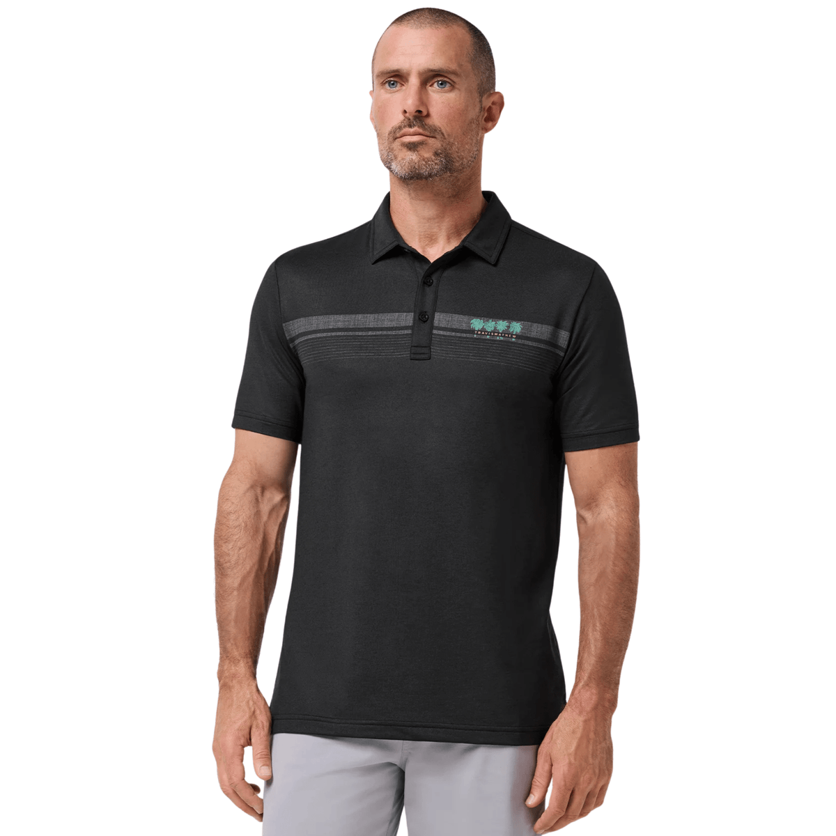 TravisMathew Featherweight Chest Stripe Golf Polo Black/Coral Haze MEDIUM
