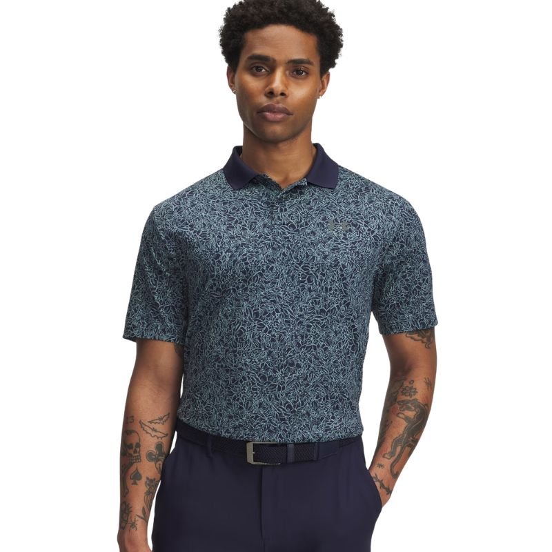 Under Armour Matchplay Printed Golf Polo Midnight Navy Jasper Blue Pitch Gray